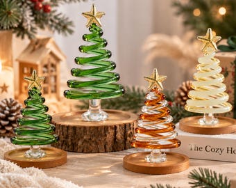 2D Glass Christmas Tree Decor, Colorful Mini Holiday Tree Figurine, Tabletop Christmas Decoration, Winter Home Decor Gift