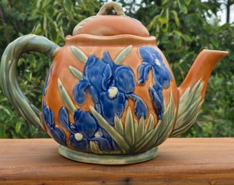 Vintage Blue Iris Ceramic Teapot, Nouveau Style, Majolica Inspired Pottery, Cottagecore Tea Party Gift, Grannycore Decor