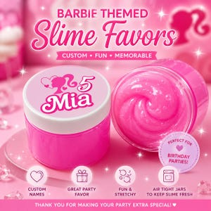 May include: Two round, clear plastic jars filled with bright pink slime. One jar is closed with a white lid featuring the text 'Mia' and the number '5' with a silhouette. The other jar is open, showing the textured pink slime inside.
