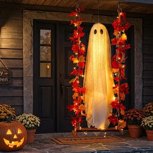 May include: A white ghost decoration hanging on a swing, illuminated by warm lights and flanked by two vertical garlands of red and orange autumn leaves. A remote control is shown in the corner, and a carved jack-o'-lantern sits on the porch floor.