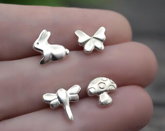 Whimsy and Wonder - Mismatched Handmade Sterling Silver Stud Earrings Set - Butterfly Stud, Bunny Stud, Dragonfly Stud and Mushroom Stud