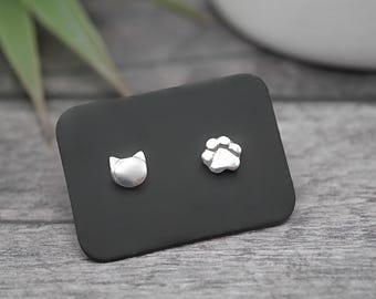 Cats and Dogs Studs - Handmade Sterling Silver Mismatched Pet Earrings by Purplefish Designs Jewellery - Animal Jewelry - Cat Lover Gift