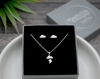 Stormy Weather Gift Set - Handmade Sterling Silver Storm Cloud Pendant and Cloud Studs by Purplefish Designs Jewellery - Lightning Necklace