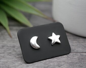 Star and Moon Studs - Handmade Sterling Silver Mismatched Stud Earrings by Purplefish Designs Jewellery - Celestial Jewelry - Crescent Moon