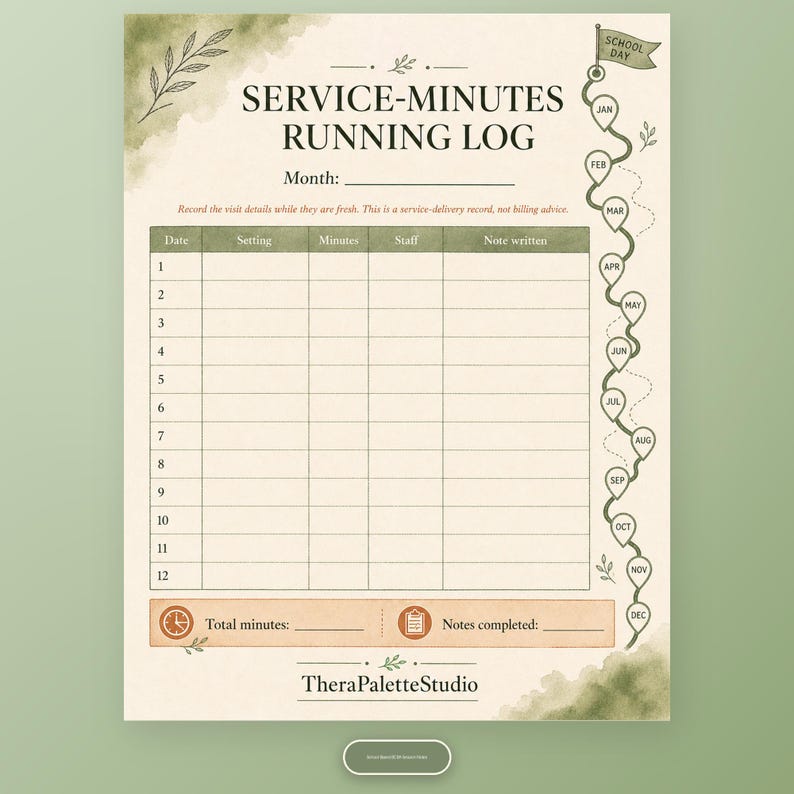 Service-minutes running log printable with date, setting, minutes, staff, and note-written columns.