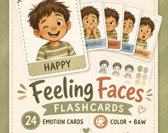 Cartes des émotions pour enfants | Tableau des émotions | Activité d'apprentissage socio-émotionnel imprimable | Version PDF couleur et noir et blanc