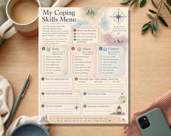 Trousse d'outils pour adolescents sur les stratégies d'adaptation, feuilles de travail sur le bien-être émotionnel, menu d'adaptation (PDF en noir et blanc inclus)
