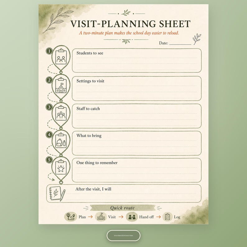Visit-planning sheet for school-based BCBA students, settings, staff, materials, and follow-through.
