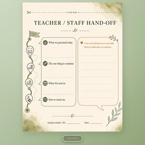 Teacher and staff hand-off printable with collaborative write-in prompts.