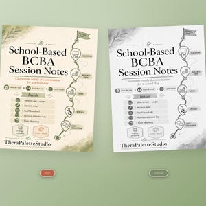 May include: Two printable School-Based BCBA Session Notes documents, one in olive green and one in grayscale. Each features a timeline graphic with icons for classroom, resource room, lunch, specials, and staff consultation, plus text headers.