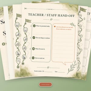Overlapping fan view of all six School-Based BCBA Session Notes pages showing the cover, how-to, session note, hand-off, minutes log, and visit-planning sheet together.