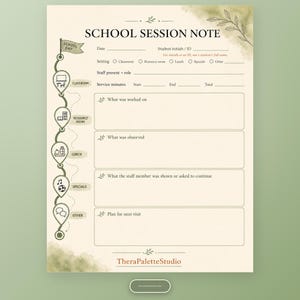 School session note printable with setting, staff, service minutes, observation, and next-visit writing areas.