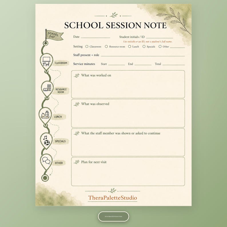 School session note printable with setting, staff, service minutes, observation, and next-visit writing areas.