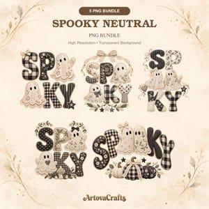 Spooky Neutral PNG Bundle, 5 Patchwork Ghost PNGs, Gingham Halloween PNG, Lace Ghost Bundle, Vintage Neutral Halloween