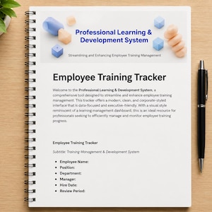 May include: A spiral-bound notebook featuring an Employee Training Tracker template. The page includes the title Professional Learning & Development System, text fields for employee details, and a black pen resting on the right side of the notebook.