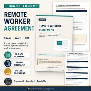 Remote Worker Agreement Template | HR Form | New Hire | Small Business | PDF | Canva | Digital Download