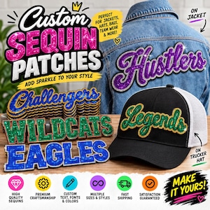 以下が含まれることがあります： Hustlers、Challengers、Wildcats、Eagles、Legendsなどの単語が鮮やかな色でデザインされたカスタムスパンコールワッペン。ワッペンは青いデニムジャケットと、キラキラしたスパンコールの文字が施された黒と白のトラッカーハットに貼り付けられた状態で表示されています。