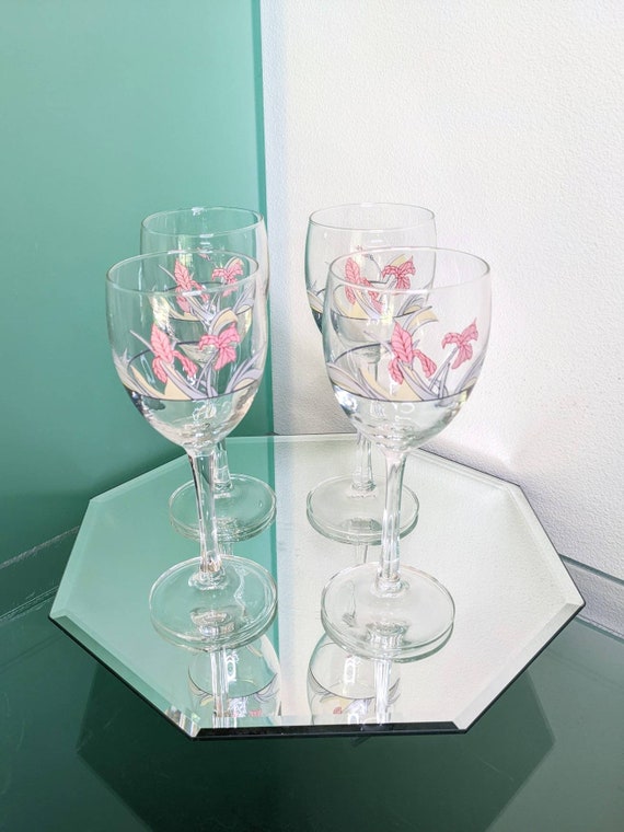 Luminarc Pink Irises Wine Glasses X4 Set Etsy