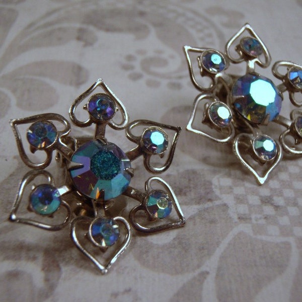 Blue Aurora Borealis Rhinestone Snow Flake 1950s Earrings