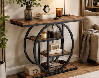 4 Tier Console Table with Shelves – Modern Industrial Entryway Table, Rustic Wood Sofa Table, Open Storage Console for Living Room