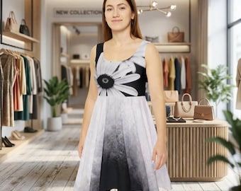 Vestido skater con estampado de margaritas blancas y negras | PDO floral
