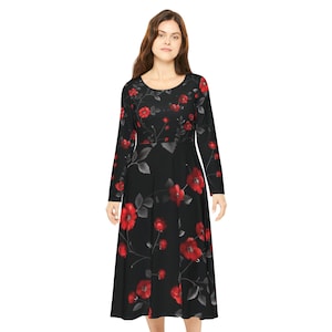 Red Poppy Floral Dress Long Sleeve Dress | Black Red Flower Pattern