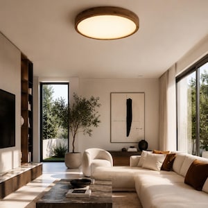 Wood Flush Mount Ceiling Light, Japandi LED Ceiling Lamp, Scandinavian Round Light Fixture, Minimalist Wooden Ceiling Light
