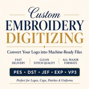 May include: A graphic advertisement for custom embroidery digitizing services. The text reads Custom Embroidery Digitizing, Convert Your Logo into Machine-Ready Files, Fast Delivery, Clean Stitch Quality, All Major Formats, PES, DST, JEF, EXP, VP3.
