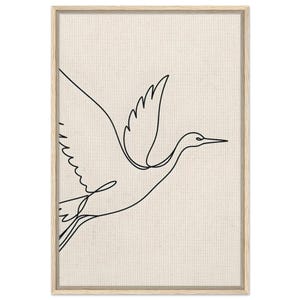 Peut inclure: Une œuvre d'art murale encadrée présentant un dessin au trait noir continu représentant un oiseau en plein vol sur un fond blanc cassé texturé. L'œuvre est insérée dans un cadre en bois clair avec un grain visible, offrant un rendu épuré.