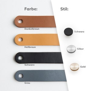 Übersicht über die Auswahl der Ledergriffe: 4 Leder-Varianten (dunkelbraun, hellbraun, schwarz, anthrazit) und 3 Metallknopf-Varianten (silber, gold, schwarz).