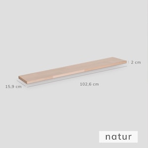 Einzelansicht von einer naturbelassenen Holzplatte aus hellem Buchenholz mit Maßangaben, die sich für 2 Ikea Trones Schuhschränke eignet.