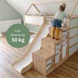 Ein Kinderzimmer mit einem Kura Hochbett von IKEA, einem Treppen-Regal und eine an das Bett montierte Rutsche. Man sieht außerdem ein kleines Mädchen von hinten, wie sie das Treppenregal zum Hochbett hochsteigt.