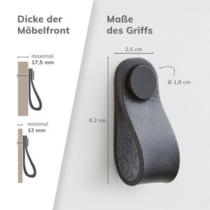 Die Maße eines einzelnen Ledergriffes mit Metallknopf: Länge = 6,2 cm, Breite - 2,5 cm, Durchmesser - 1,8 cm. Die Möbelfront kann eine maximale Dicke von 17,2 mm und eine minimale Dicke von 13 mm haben.