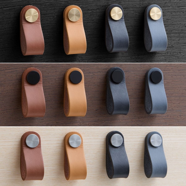 Leather handle leather loop for chest of drawers / furniture handle for door fronts and drawer fronts in 4 leather colors / 3 button colors