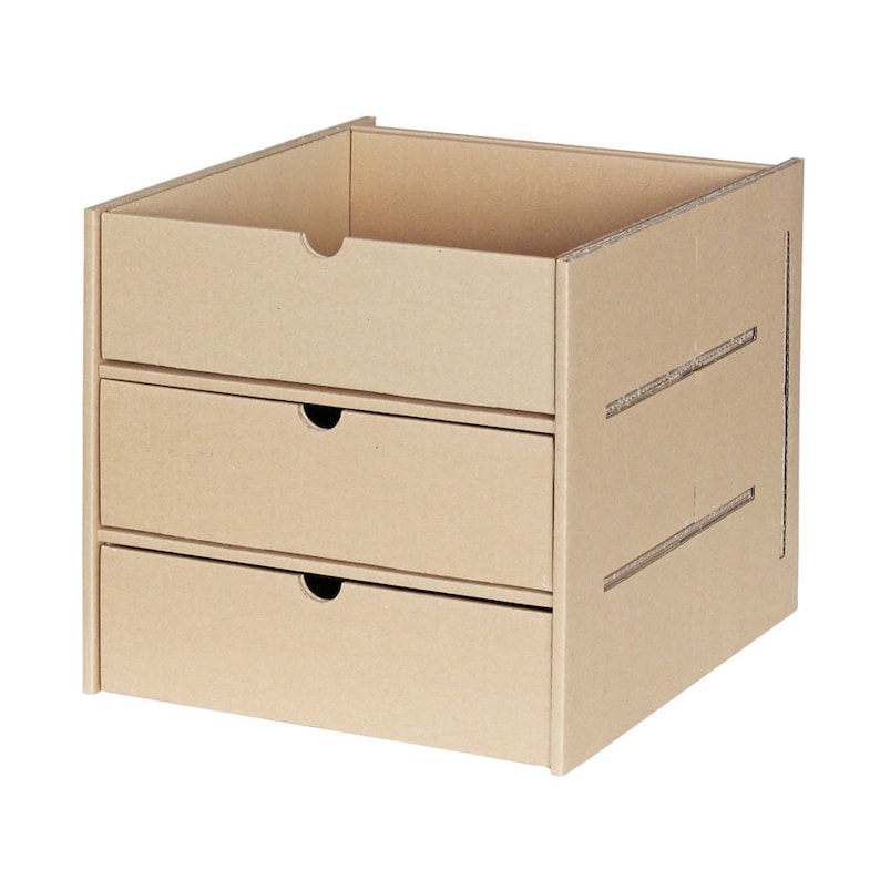 Schubladeneinsatz aus Pappe mit 3 Schubladen für ein Fach für ein Ikea Kallax Regal.