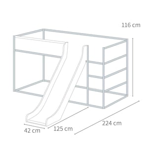 Technische Zeichnung einer Kinderrutsche für das IKEA Kura Hochbett mit entsprechenden Maßangaben.