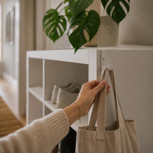 Könnte beinhalten: Ein weißes Aufbewahrungsregal mit offenen Regalen, das Schuhe und eine Topfpflanze mit großen grünen Blättern enthält. Eine beige Tragetasche hängt an einem Haken an der Seite. Die Szene spielt sich in einem gut beleuchteten Flur ab.