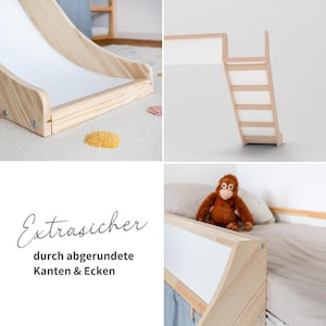 Eine Bildcollage aus 3 verschiedenen Bildern und eine Textkachel. Man sieht Detailaufnahmen von der Kura Rutsche für das IKEA Kura Bett. Die Textkachel sagt,"extrasicher durch abgerundete Kanten und Ecken".