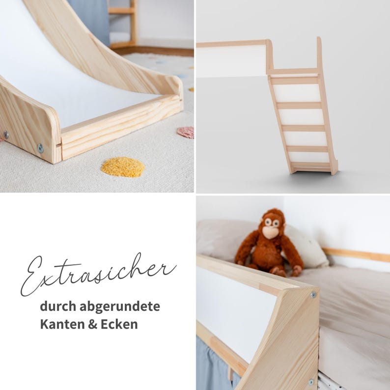 Eine Bildcollage aus 3 verschiedenen Bildern und eine Textkachel. Man sieht Detailaufnahmen von der Kura Rutsche für das IKEA Kura Bett. Die Textkachel sagt,"extrasicher durch abgerundete Kanten und Ecken".