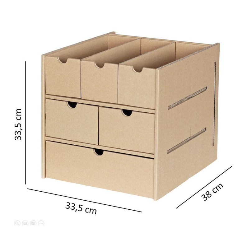 Schubladeneinsatz mit 6 unterschiedlich großen Schubladen aus Pappe für ein Ikea Kallax Regal mit Maßangaben.