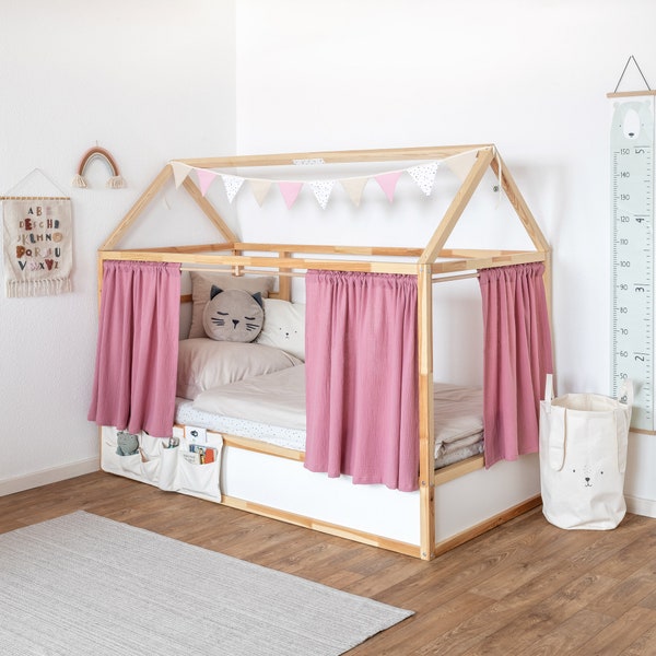 Ikea Kura curtain made of muslin / Perfect fit for loft bed and flat bed / Pink muslin fabric / Ikea Kura Hack / All 3 sides available