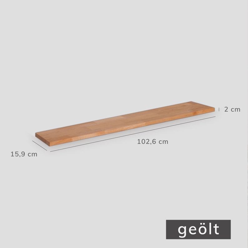 Einzelansicht von einer geölten Holzplatte aus hellem Buchenholz mit Maßangaben, die sich für 2 Ikea Trones Schuhschränke eignet.