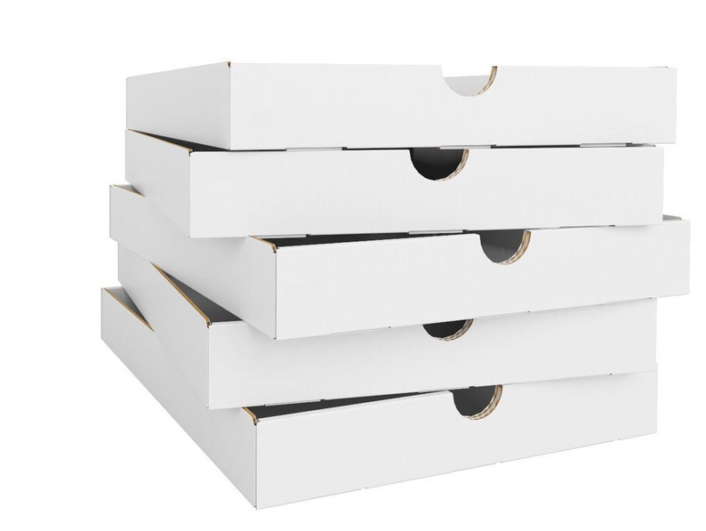 5 weiße Pappschubladen für ein Regaleinsatz mit 5 Fächern für ein Ikea Kallax Regal.
