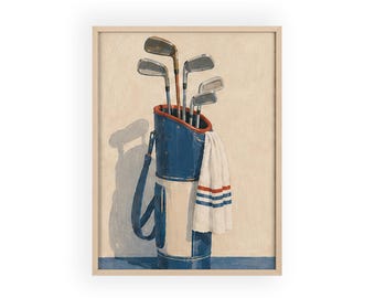 Poster con illustrazione di una sacca da golf vintage e cornice in legno.