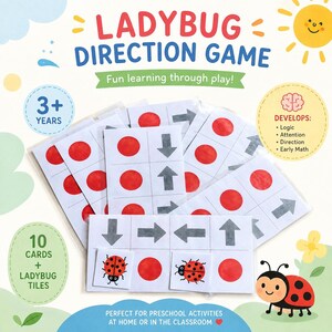Puede incluir: Un juego educativo Ladybug Direction Game que incluye tarjetas blancas con círculos rojos y flechas direccionales grises. El set contiene 10 tarjetas y fichas de mariquita. El empaque muestra el texto Ladybug Direction Game, 3+ Years y desarrolla la lógica, la atención, la dirección y las matemáticas tempranas.
