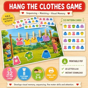 Gioco di appendere i vestiti / Attività di sequenziamento della memoria visiva / Abbinamento per la scuola materna (Download digitale) / Attività con le mollette