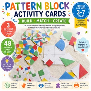 Può includere: Carte attività con blocchi di motivi che includono 48 carte quadrate con forme geometriche colorate in rosso, blu, verde e giallo. Il set comprende una tavola a griglia per abbinare e costruire disegni, con etichette di testo descrittive.