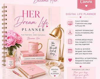 HER Dream Life Planner Pink Edition | Editable Canva Digital Planner | Goal, Budget & Wellness Tracker | Instant Download