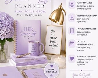 HER Dream Life Planner Lavender Edition | Editable Canva Digital Planner | Goal, Budget & Wellness Tracker | Instant Download