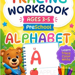 Puede incluir: Un cuaderno de ejercicios amarillo para niños de preescolar de 3 a 5 años con un oso de dibujos animados sosteniendo un lápiz azul, una página en espiral con la letra A y una manzana, y un portalápices azul con el texto Learn Trace Color Write.